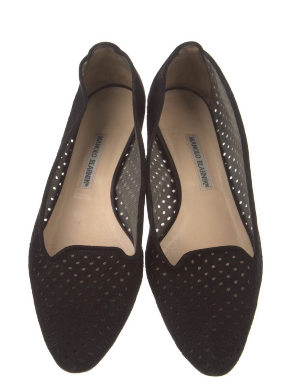 Manolo Blahnik Black Perforated Suede Pointed Flats